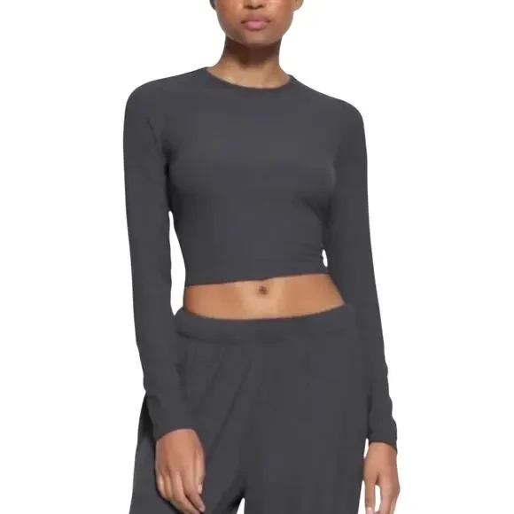 NWT Skims Soft Lounge Ribbed Crop Top Womens Small Graphite Long Sleeve - Picture 1 of 8
